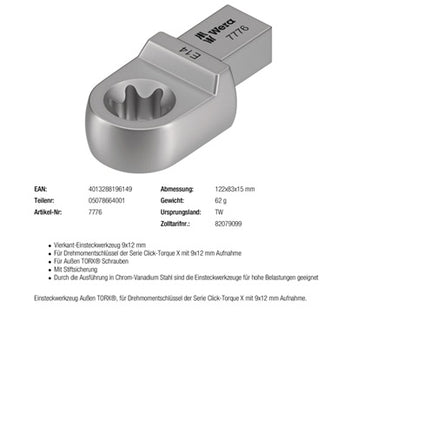 Clé à douille Wera 7776 ( 8000377440 ) ouverture de clé TX 14 9 x 12 mm