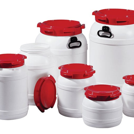 Wide-neck drum ( 9000450106 ) 3.6 l PE white with red lid Filling opening-Ø 137 mm
