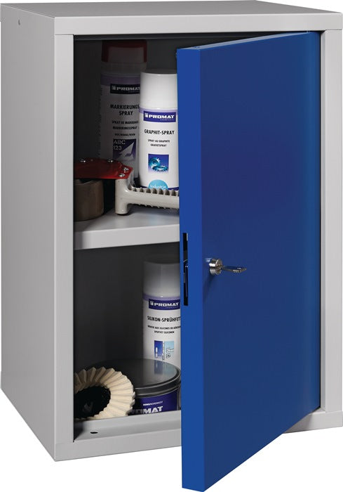 Wall cabinet ( 9000453657 ) H600xW400xD300 mm solid sheet metal, 1 shelf light grey, RAL 7035/ gentian blue, RAL 5010