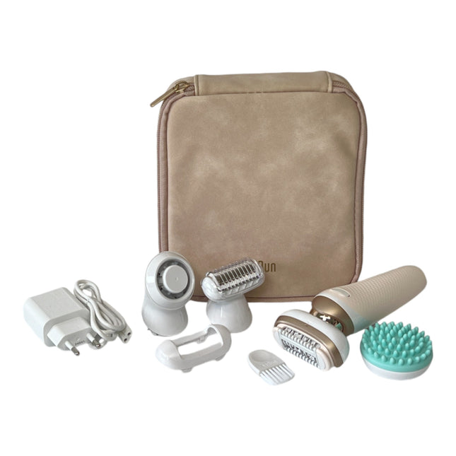 BRAUN Silk Epil 9-071 Depiladora 3D Flex Depiladora para mujer para una depilación duradera + Accesorio de afeitado + Accesorio de masaje Blanco / Dorado