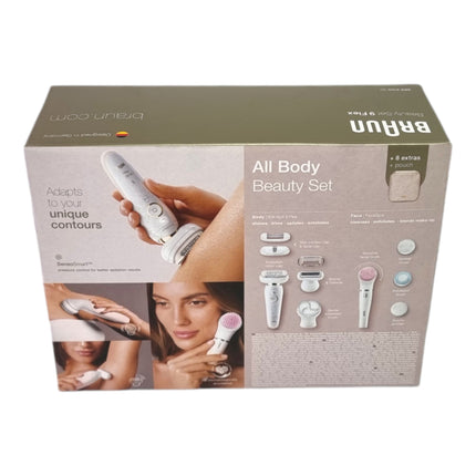 BRAUN Silk-épil 9 Flex 9-100 set de belleza depiladora femenina / depiladora + cepillo de limpieza facial FaceSpa + 9 accesorios + bolsa blanco / dorado