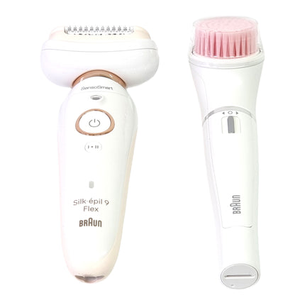 BRAUN Silk-épil 9 Flex 9-100 set de belleza depiladora femenina / depiladora + cepillo de limpieza facial FaceSpa + 9 accesorios + bolsa blanco / dorado