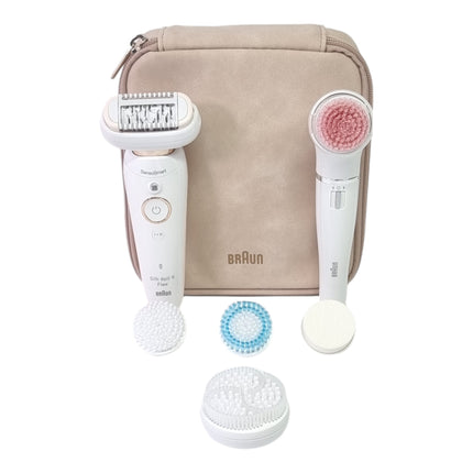 BRAUN Silk-épil 9 Flex 9-100 set de belleza depiladora femenina / depiladora + cepillo de limpieza facial FaceSpa + 9 accesorios + bolsa blanco / dorado