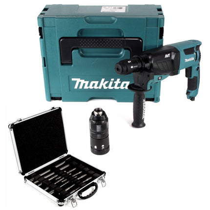 Makita HR 2631 FTJ  800 W Kombihammer mit SDS Plus Bohrfutter und Schnellspannbohrfutter im Makpac + Bosch Meißel und Bohrer Set 11 tlg. für SDS-Plus in Alukoffer - Toolbrothers