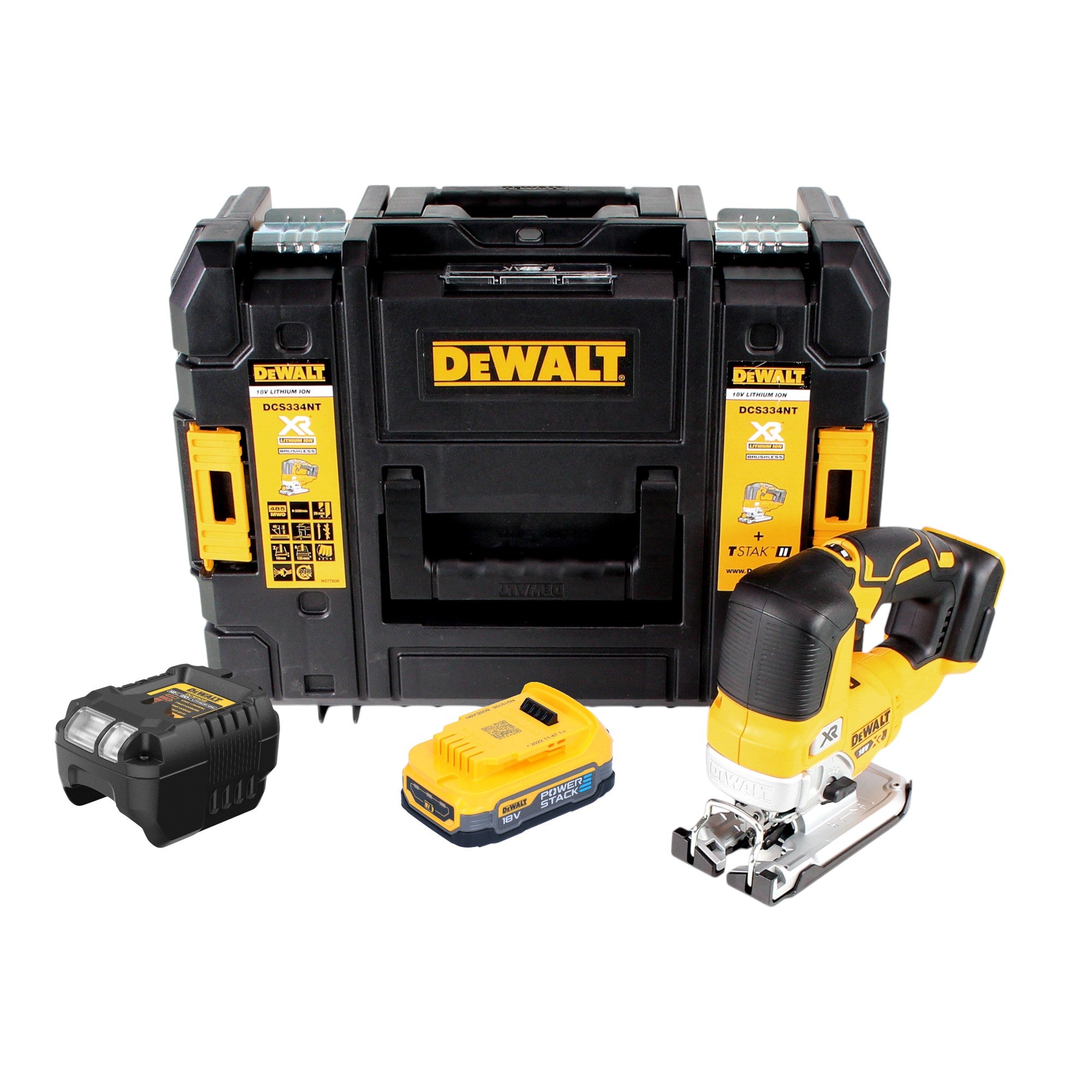 DeWalt DCS 334 E1T Akku Pendelhub Stichsaege 18 V Brushless 1x Powerstack Akku 1 7 Ah Ladegeraet TSTAK 0 - toolbrothers