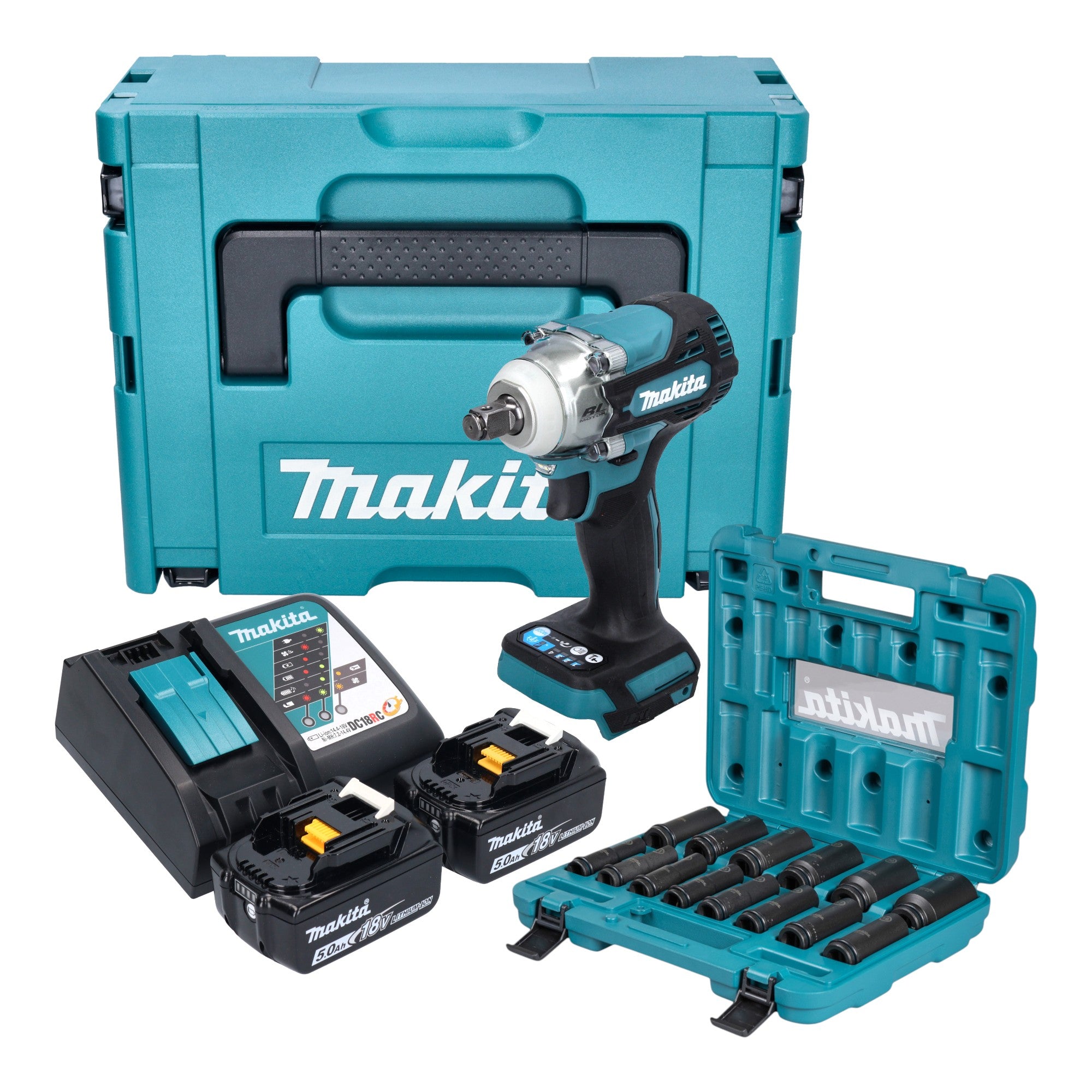 Makita DTW 300 TJX7 Akku Schlagschrauber 18 V 330 Nm 1 2 Brushless 2x Akku 5 0 Ah Ladegeraet Steckschluessel Set 14 tlg Makpac 0 - toolbrothers