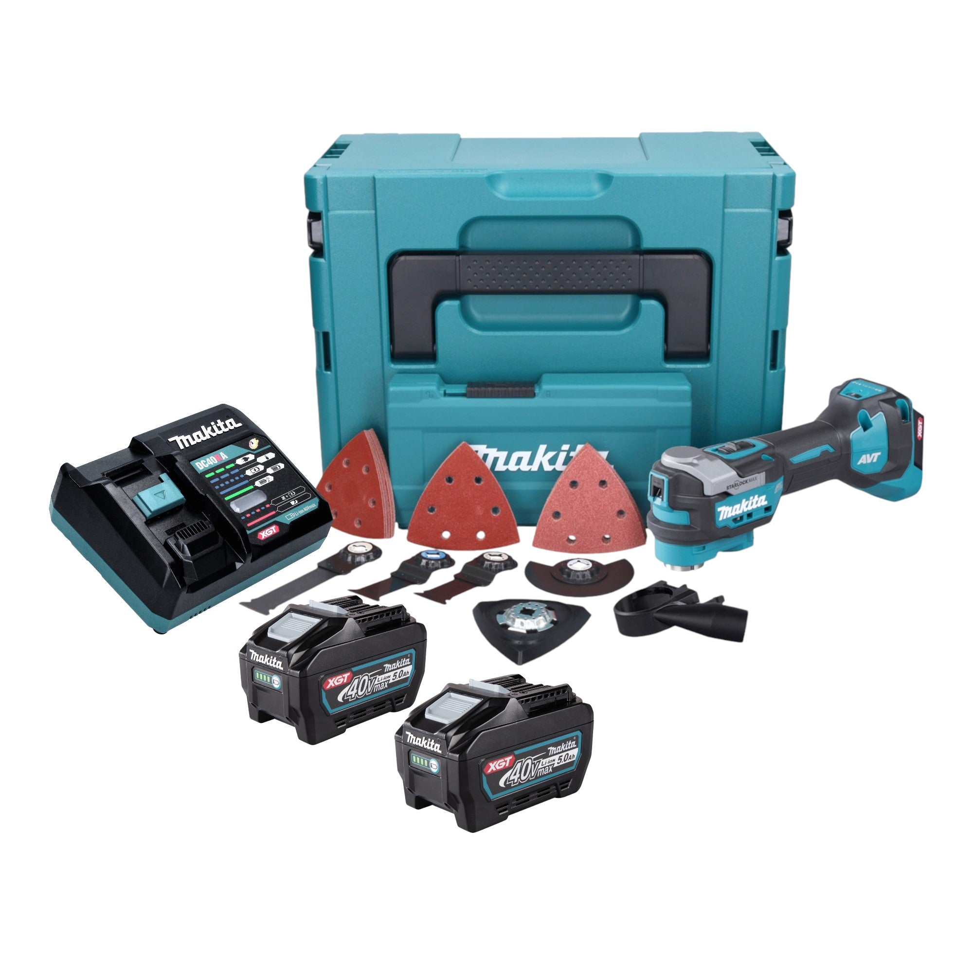 Makita TM 001 GT203 Akku Multifunktionswerkzeug 40 V max Starlock Max Brushless 2x Akku 5 0 Ah 37 tlg Zubehoerset Ladegeraet Makpac 0 - toolbrothers
