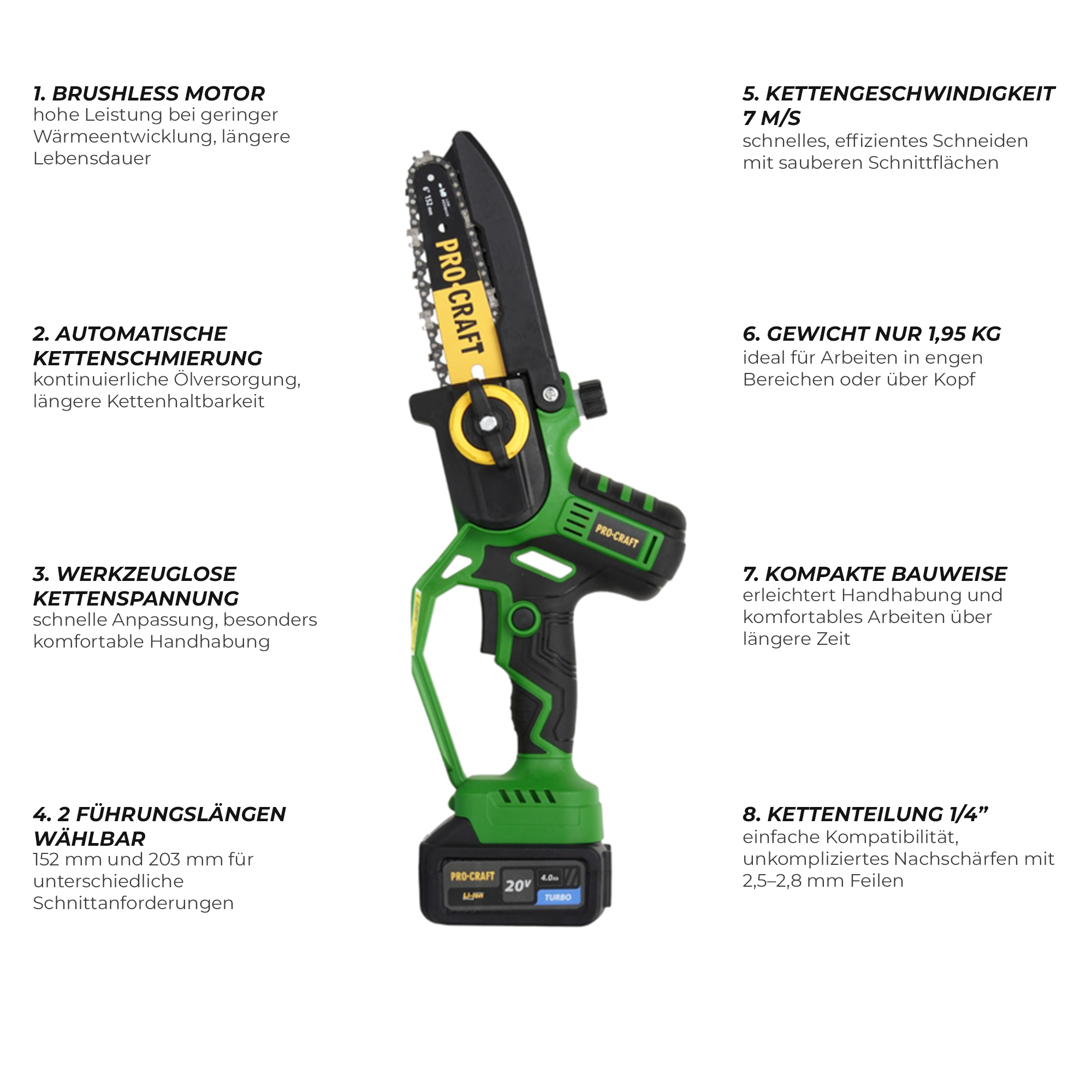 Procraft PKA32Li cordless chainsaw 20 V 203 mm brushless + 1x battery 4.0 Ah + charger + case