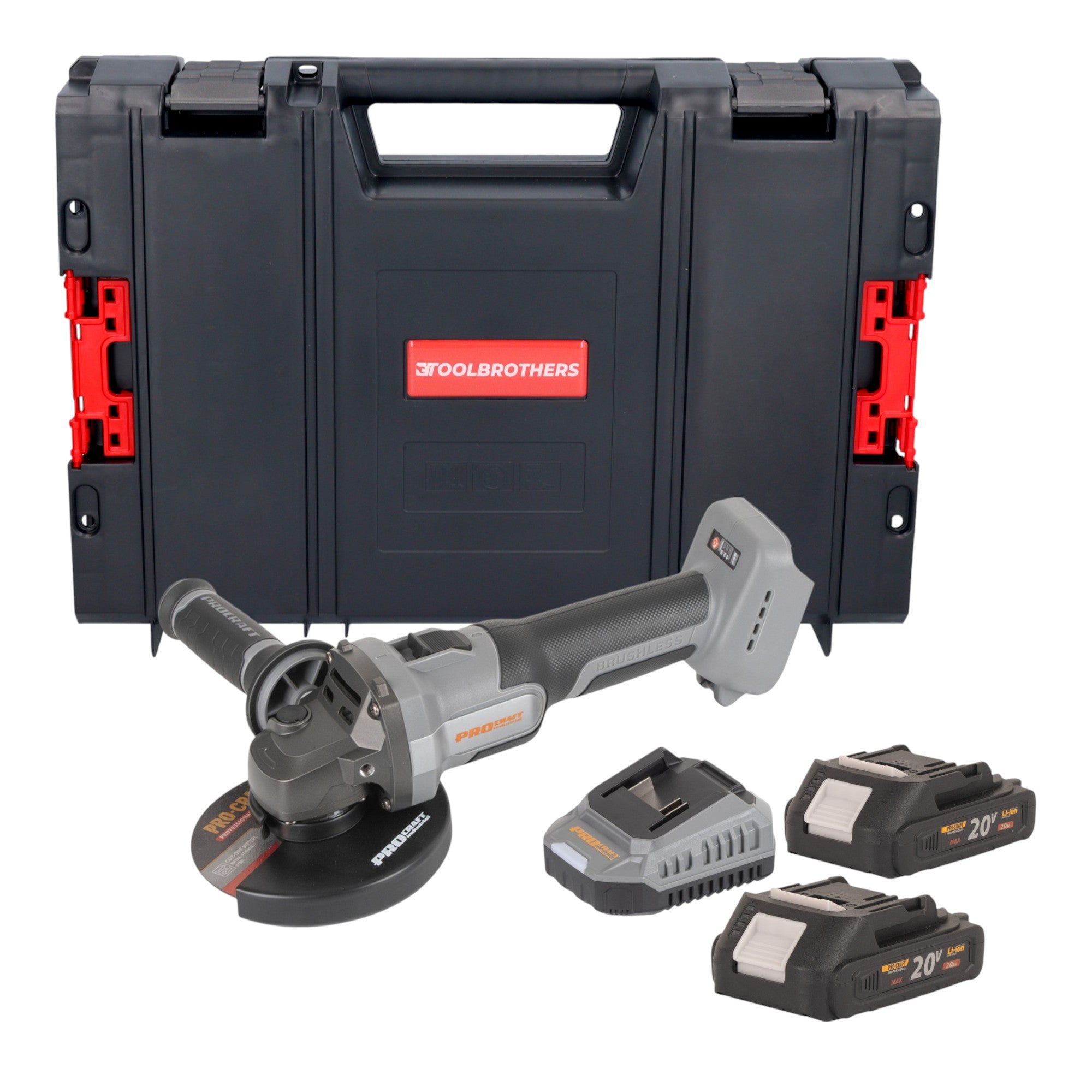 Procraft Industrial AG125Abb Akku Winkelschleifer 20 V 125 mm Brushless 2x Akku 2 0 Ah Ladegeraet RHINO Toolcase 0 - toolbrothers