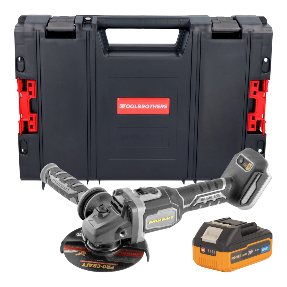 Procraft Industrial AG125Bbb Akku Winkelschleifer 20 V 125 mm Brushless + 1x Akku 4,0 Ah + RHINO Toolcase - ohne Ladegerät