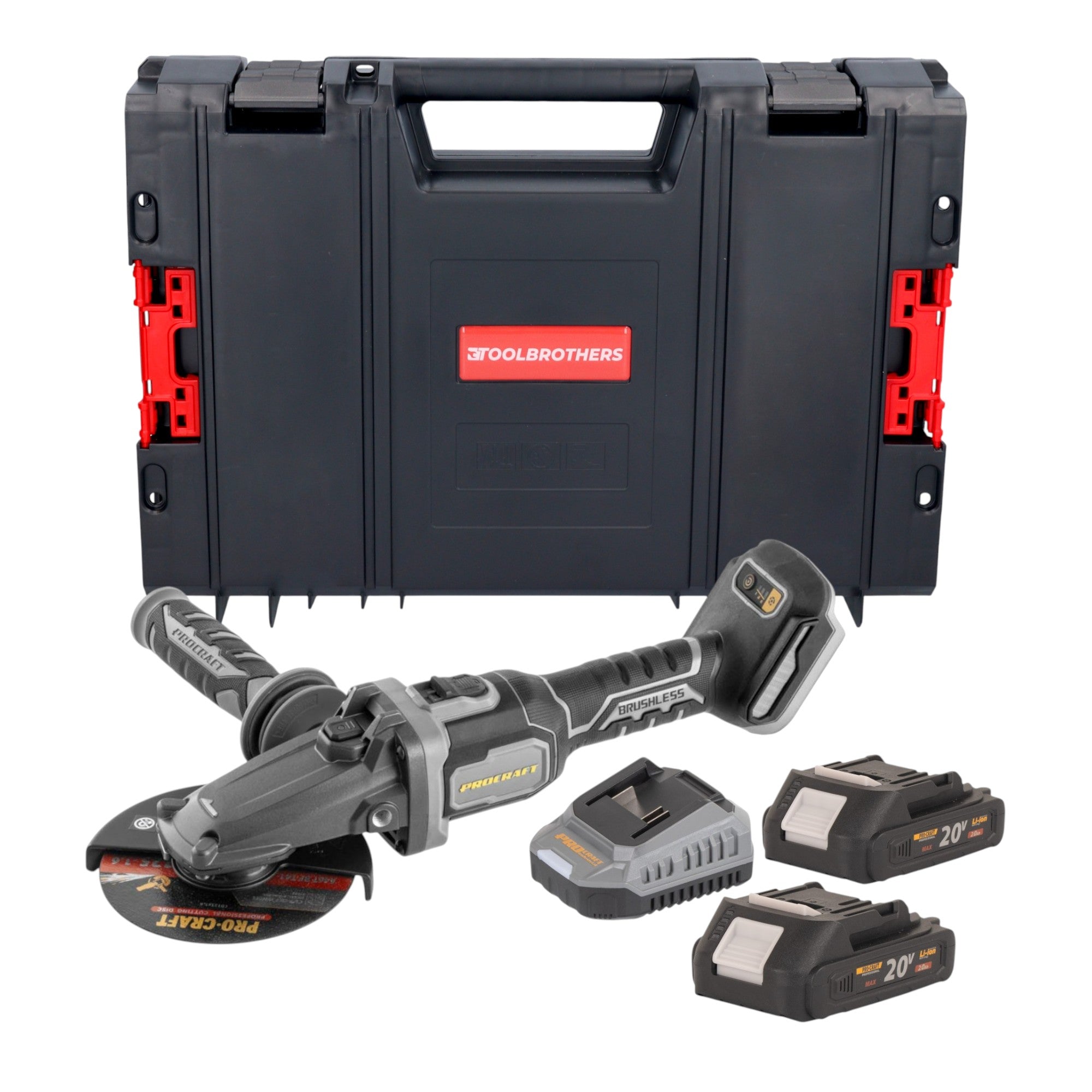 Procraft Industrial AG125Cbb Akku Flachkopf Winkelschleifer 20 V 125 mm Brushless 2x Akku 2 0 Ah Ladegeraet RHINO Toolcase 0 - toolbrothers