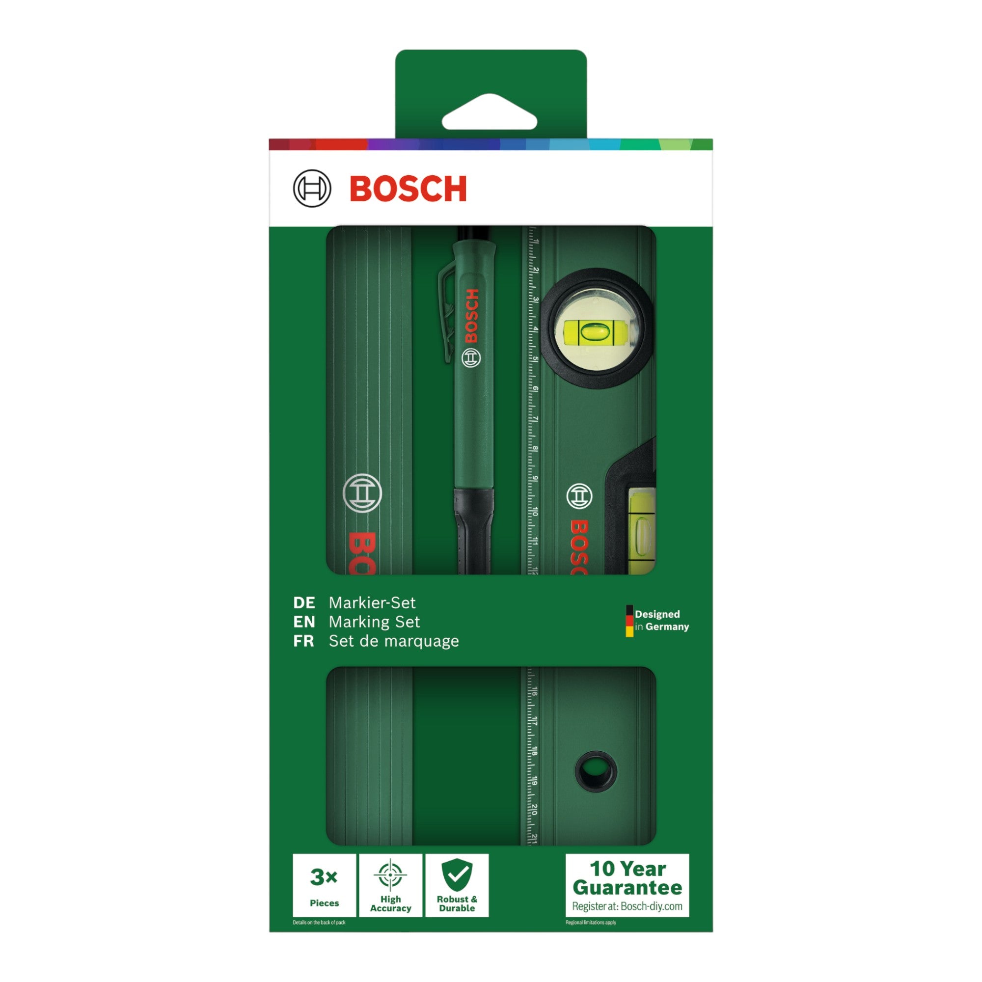Bosch Markierungsset 3 tlg 1600A02W7S Wasserwaage Massstab Tieflochmarker 0 - toolbrothers