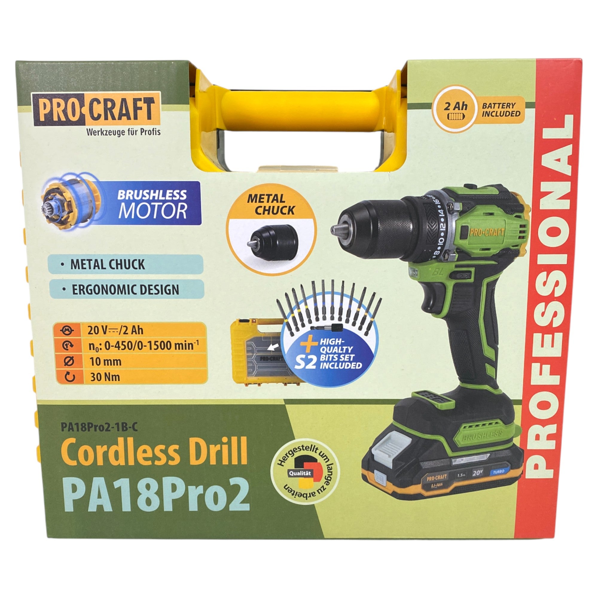 Procraft PA18Pro2 1B C Akku Bohrschrauber 20 V 30 Nm Brushless 1x Akku 2 0 Ah Ladegeraet 13 tlg Bit Set Koffer 4 - toolbrothers