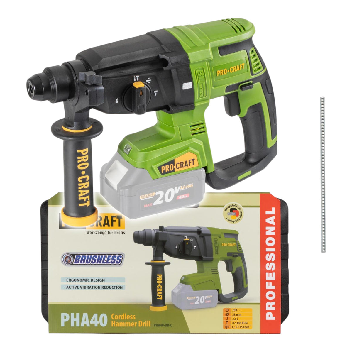 Procraft PHA40bb-c Akku Bohrhammer 20 V 2,6 J SDS plus Brushless + Koffer - ohne Akku, ohne Ladegerät