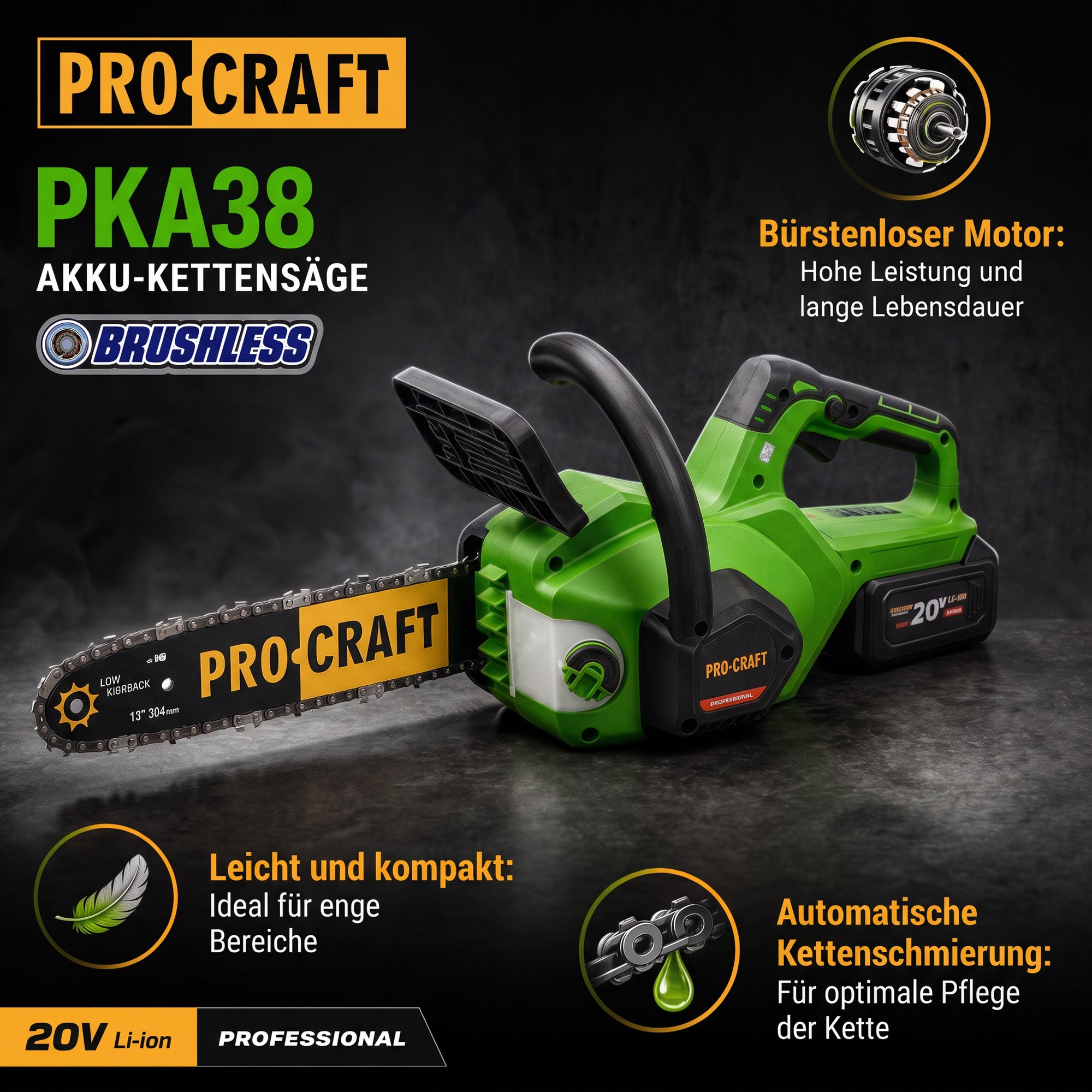 Procraft PKA38 Akku Kettensaege 20 V 304 mm Brushless Solo ohne Akku ohne Ladegeraet 1 - toolbrothers
