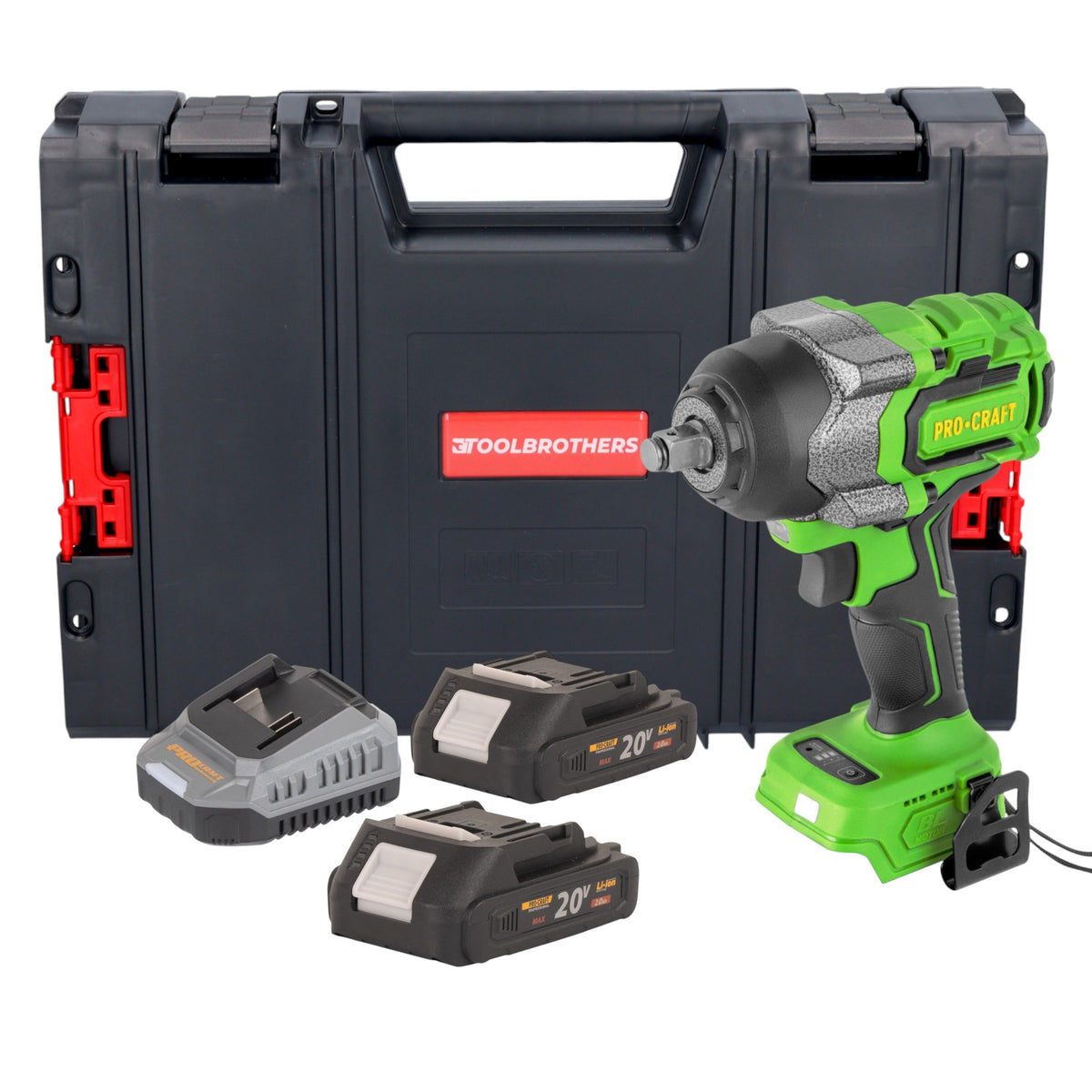 Procraft PWA36bb Akku Schlagschrauber 20 V 850 Nm 1/2" Brushless + 2x Akku 2,0 Ah + Ladegerät + RHINO Toolcase