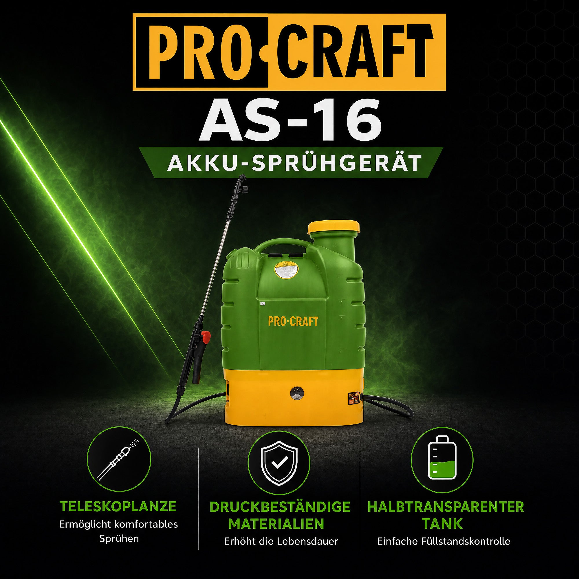 Procraft AS 16 Akku Spruehgeraet 12 V 16 l 5 5 bar integrierter Akku 8 0 Ah Ladegeraet 1 - toolbrothers
