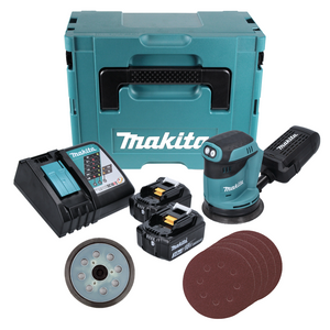 Makita DBO 180 RFJ Akku Exzenterschleifer 18 V 125 mm + Schleifteller + 50x Schleifpapier K80 + 2x Akku 3,0 Ah + Ladegerät + Makpac