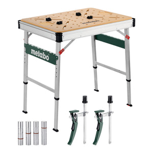 Metabo MWB 100 Multifunktionstisch mobile Werkbank robuste MDF-Tischplatte + 2x Senkrecht Schnellspannzwinge + 4x Bankhaken