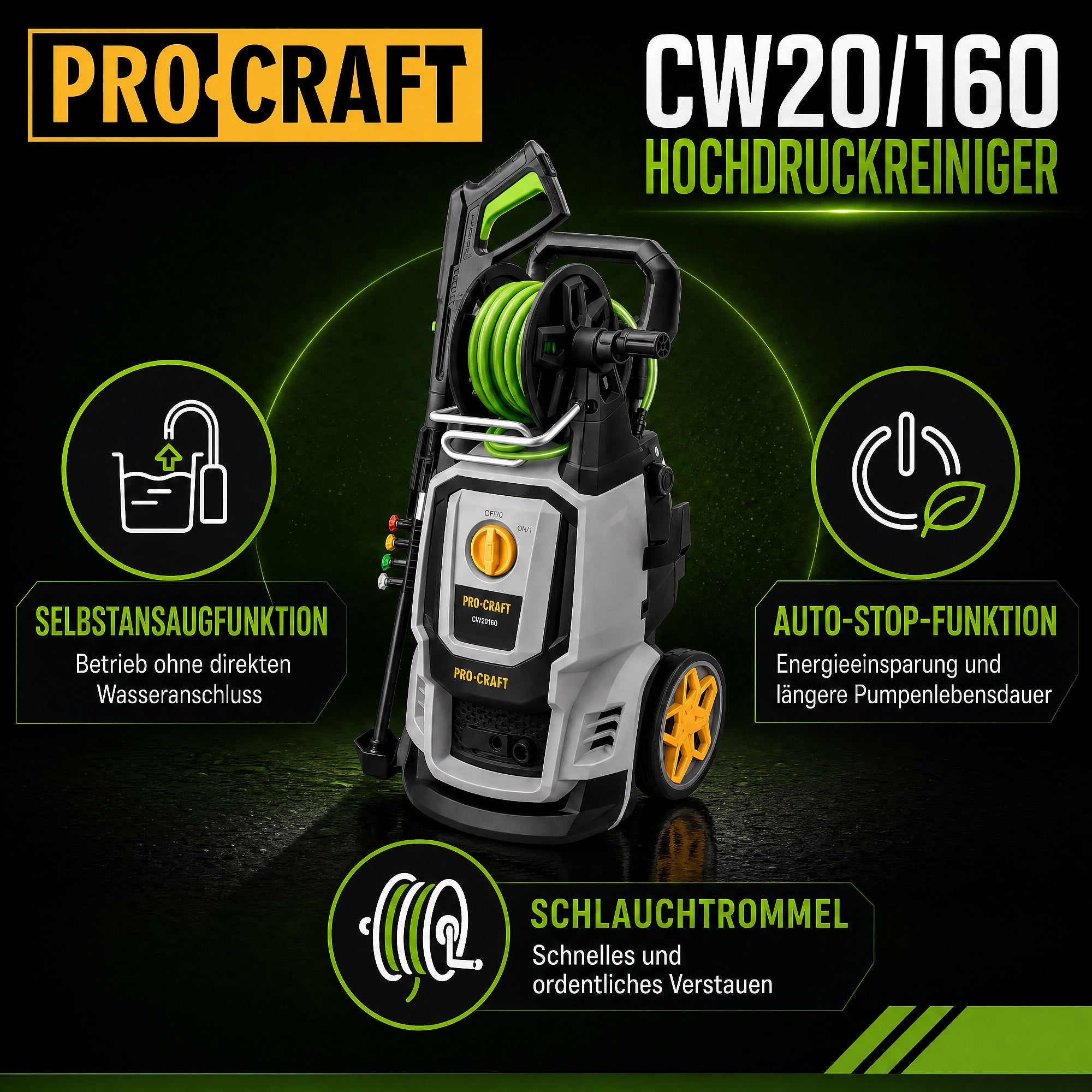 Procraft CW2 0 160 Kaltwasser Hochdruckreiniger 2000 Watt 160 bar 7 5 l min Zubehoer Max Wassertemperatur 40 C 2 - toolbrothers