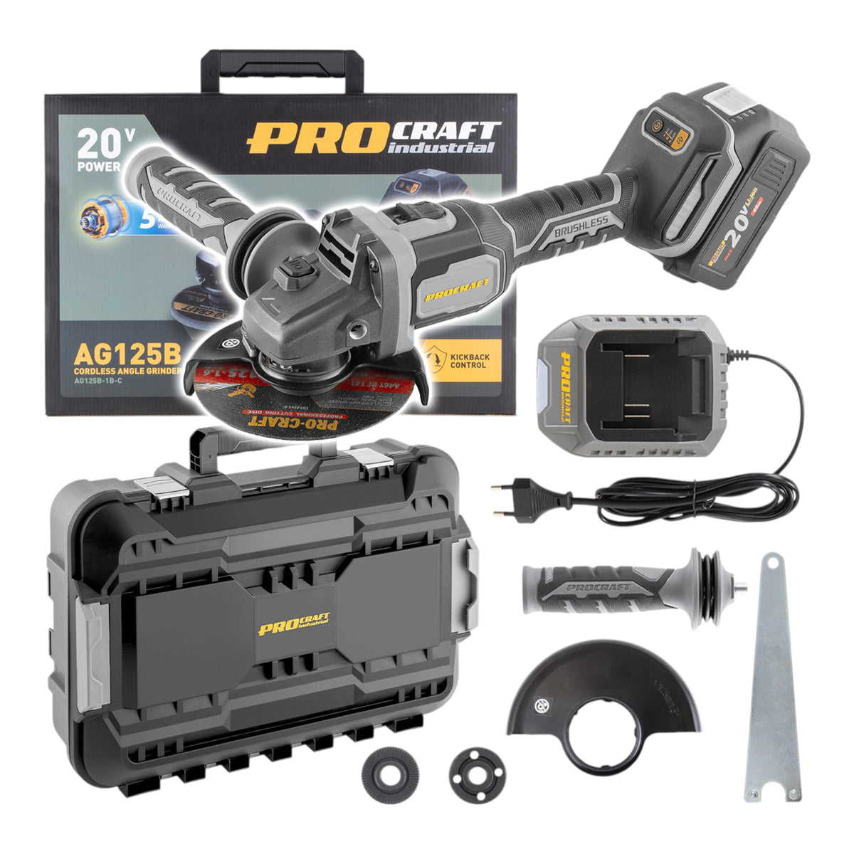 Procraft Industrial AG125B-1B-C Akku Winkelschleifer 20 V 125 mm Brushless + 1x Akku 4,0 Ah + Ladegerät + Koffer