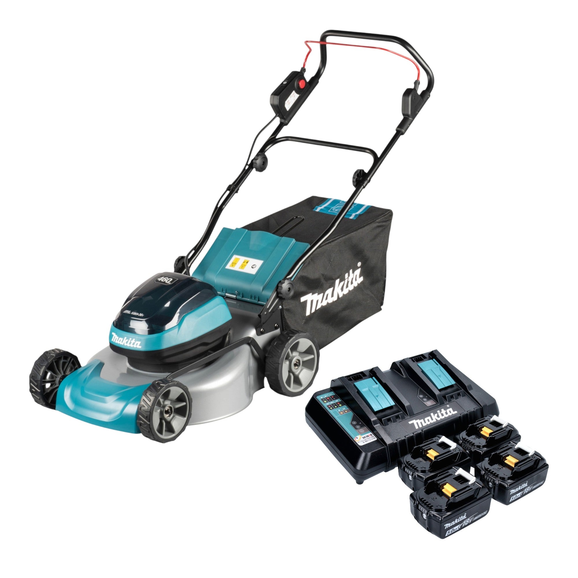 Makita DLM 466 PT4 Akku Rasenmaeher 36 V 2x 18 V 46 cm Brushless 4x Akku 5 0 Ah Ladegeraet 0 - toolbrothers