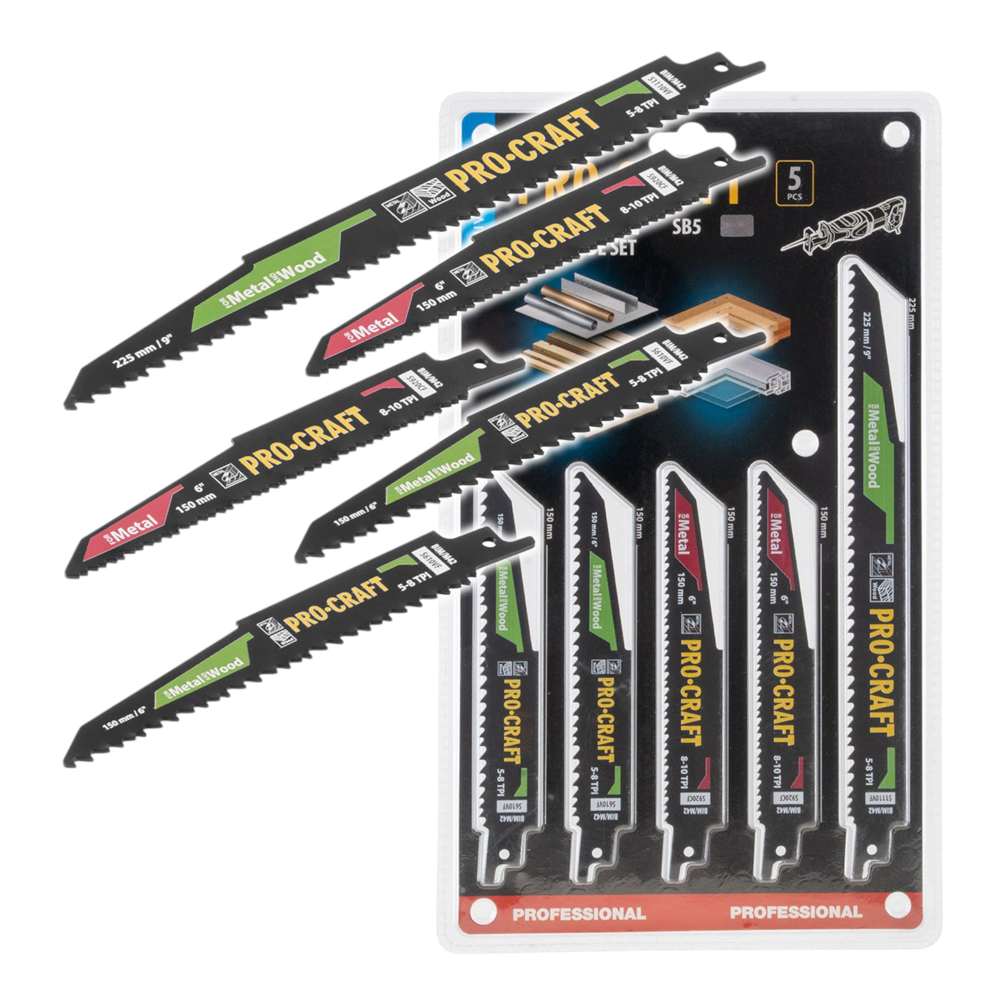 Procraft SB5 Saebelsaegeblatt Set 5 tlg 150 225 mm fuer Holz Metall Kunststoff 0 - toolbrothers