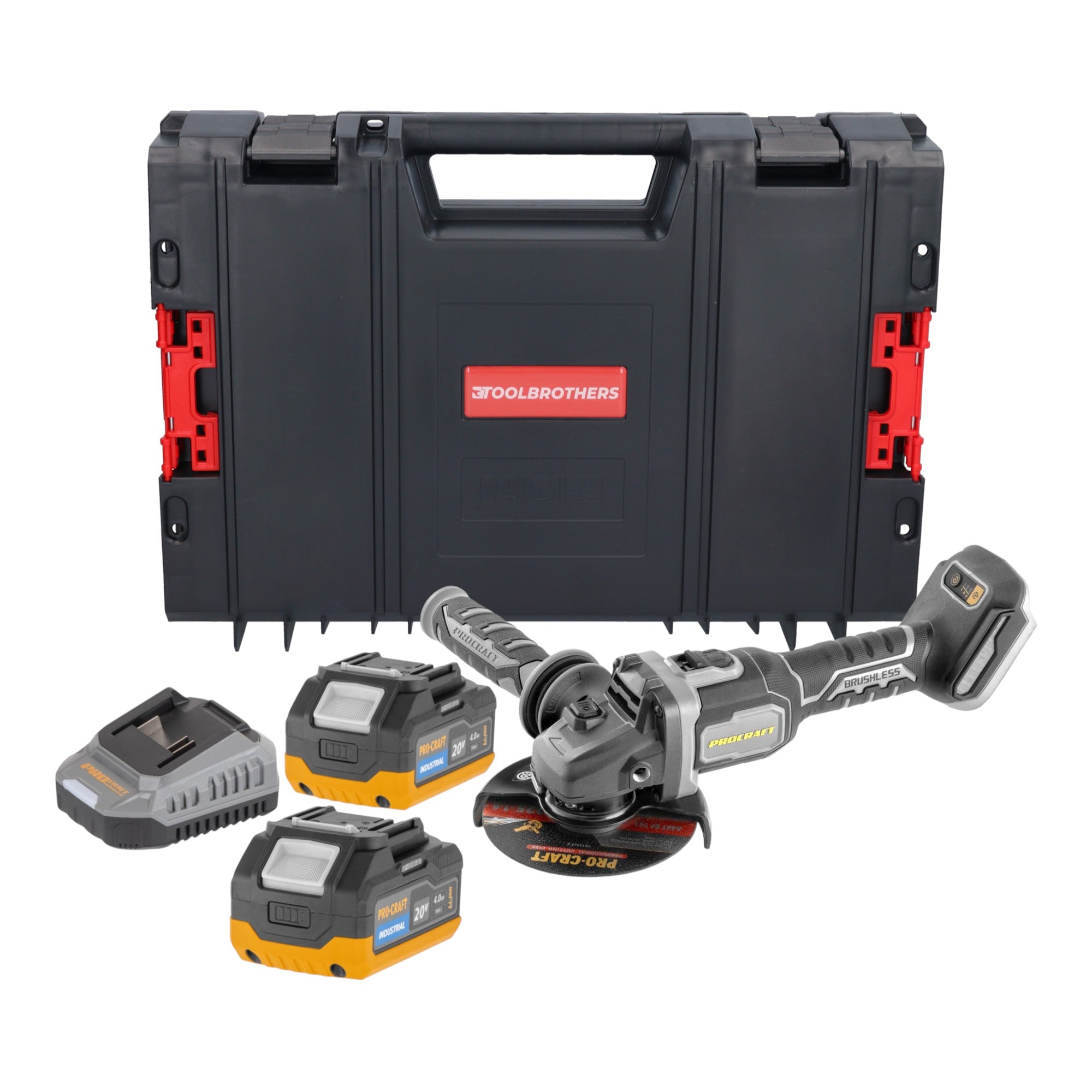 Procraft Industrial AG125Bbb Akku Winkelschleifer 20 V 125 mm Brushless 2x Akku 4 0 Ah Ladegeraet RHINO Toolcase 0 - toolbrothers