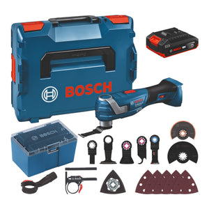 Bosch GOP 18V-34 Professional Akku Multi Cutter 18 V Starlock Plus + 1x Akku 2,0 Ah + 17 tlg. Zubehör + L-Boxx - ohne Ladegerät