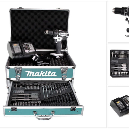 Taladro percutor inalámbrico Makita DHP 482 W SMX4 18 V 62 Nm + 1x batería 4,0Ah + cargador + 70 piezas. Juego de brocas + estuche