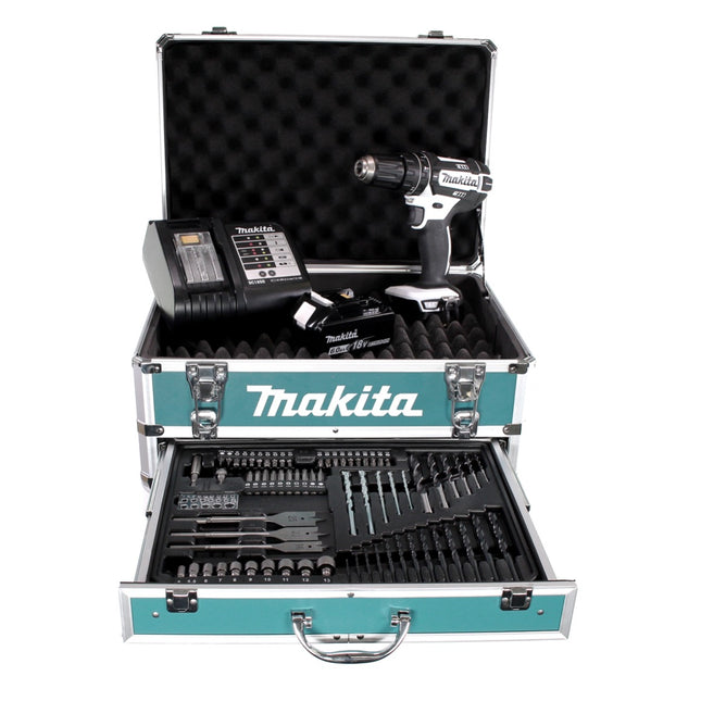 Taladro percutor inalámbrico Makita DHP 482 W SGX4 18 V 62Nm + 1x batería 6,0Ah + cargador + 70 piezas. Juego de brocas + estuche