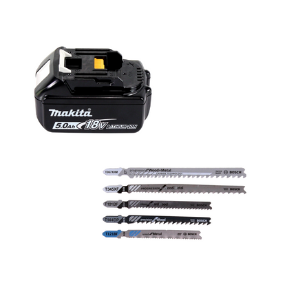Makita DJV 181 T1J Akku Pendelhubstichsäge 18V Brushless + 1x Akku 5,0Ah + Bosch 15tlg. Stichsägeblatt Set + Makpac - ohne Ladegerät