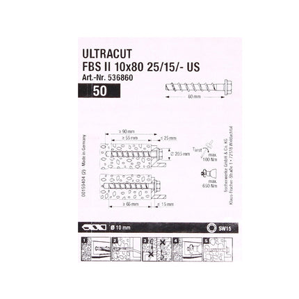 Fischer ULTRACUT FBS II Betonschrauben 10x80mm 25/15/- 50 Stk. Sechskantkopf SW15 ( 536860 ) + Makita NEMESIS 2 SDS-Plus 10x215mm ( B-58213 )