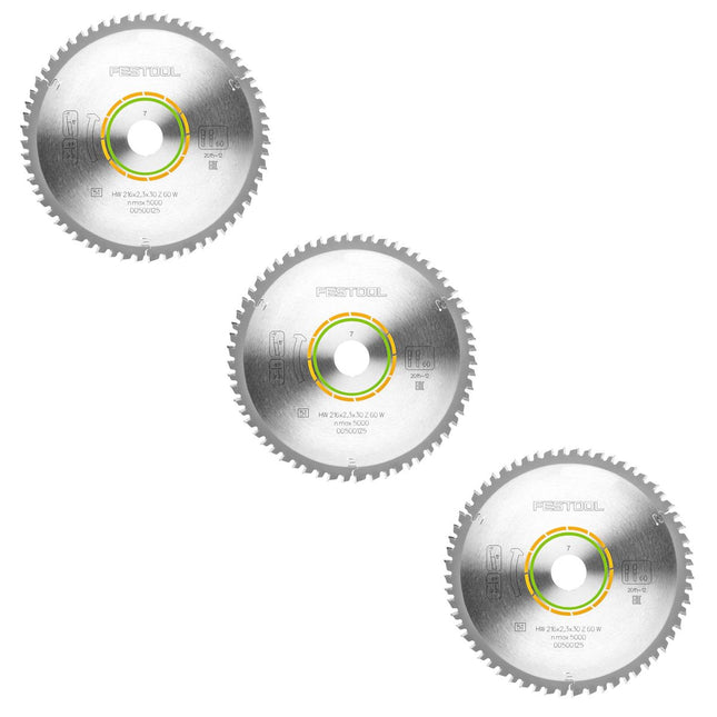 Festool WOOD FINE CUT Lame de scie circulaire denture fine, HW 216 x 2,3 x 30 mm W60, 60 dents, 3 pcs. (3x 500125)