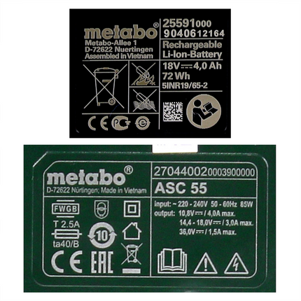 Metabo basic set 3x Li-Power batería 18 V 4.0 Ah CAS Li-Ion ( 3x 625591000 ) + cargador ASC 55 ( 627044000 )