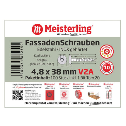 Meisterling Fassadenschrauben 4,8x38 mm 100 Stück ( 010020000221 ) 12 mm Flachkopf hellgrau mit Torx Teilgewinde V2A Edelstahl