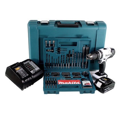 Makita DHP 453 SFTK W Trapano avvitatore con percussione a batteria bianco 18V / 42Nm + 1x Batteria 3,0Ah + Caricabatterie DC18SD + Set di punte da 100 pz. + Valigetta