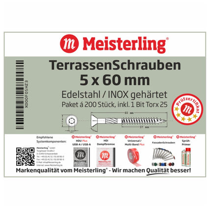 Meisterling Terrassenschrauben 5x60 mm 200 Stück ( 010010000021 ) CUT Spitze 90° Linsen Senkkopf mit Torx 2/3 Grobgewinde VA Edelstahl