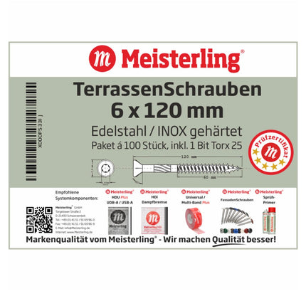 Meisterling Terrassenschrauben 6x120 mm 100 Stück ( 010010000061 ) CUT Spitze 90° Linsen Senkkopf mit Torx 2/3 Grobgewinde VA Edelstahl