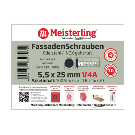 Meisterling Vis de façade 5,5x25 mm - 100 pièces (010030000011) tête plate 12 mm anthracite + Filetage partiel Torx acier inoxydable V4A