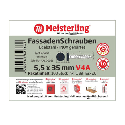 Meisterling Vis de façade 5,5x35 mm, 100 pcs., tête plate 12 mm, filetage partiel, empreinte Torx, acier inoxydable V4A, anthracite (010030000111)