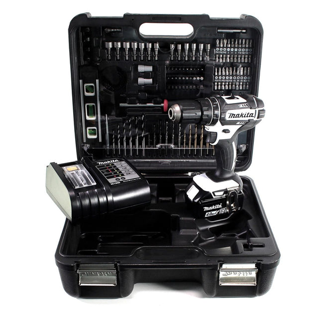 Taladro percutor inalámbrico Makita DHP 482 SMTKW 18 V 62 Nm + 1x batería 4,0 Ah + cargador + set de accesorios 101 piezas + estuche