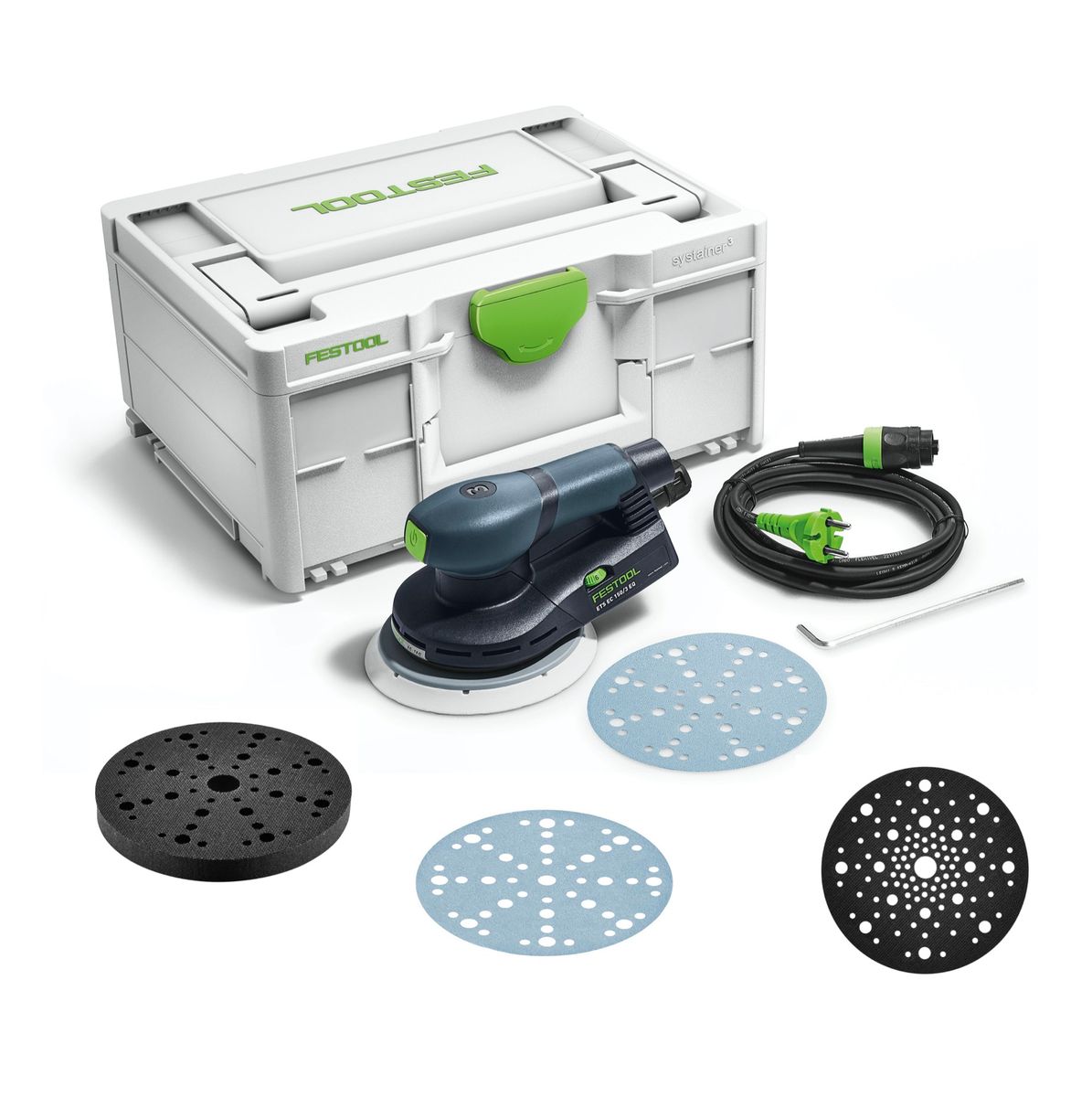 Festool ETS EC150/3 EQ-Plus Exzenterschleifer 400 W 150 mm Brushless + 250x Schleifscheiben + 2x Protection Pad + Interface Pad + systainer