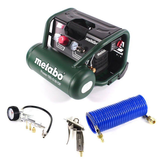 Metabo Power 180-5 W OF compressor 8 bar 1.1 kW + spiral hose 7.5 m + blow gun + tyre inflator