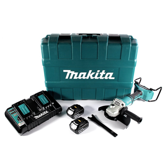 Makita DGA 900 PTK Akku Winkelschleifer 36 V ( 2x 18 V ) 230 mm Brushless + 2x Akku 5,0 Ah + Doppelladegerät + Koffer