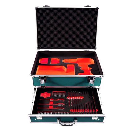 Taladro percutor a batería Makita DHP 484 SFTX 18 V 54 Nm sin escobillas + 2x baterías 3,0 Ah + cargador + juego de brocas de 70 piezas + maletín de aluminio TX