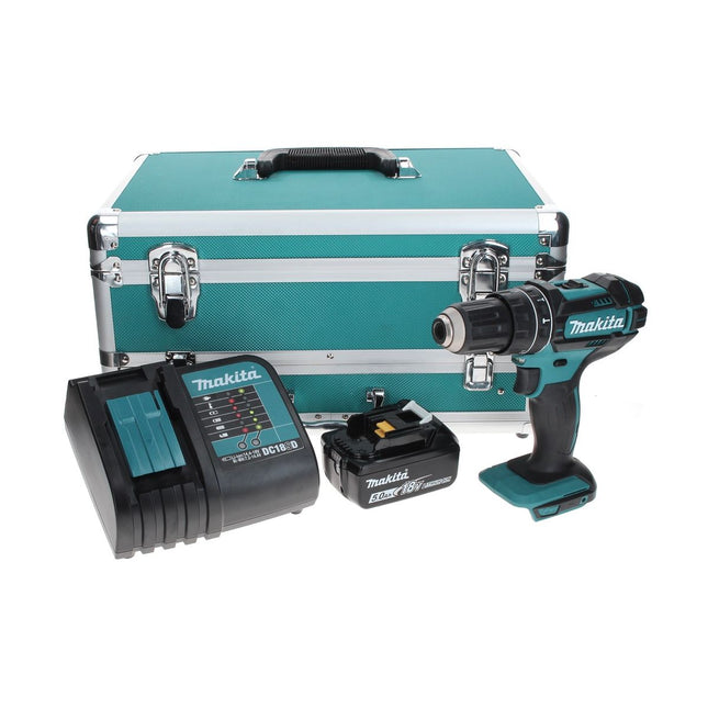 Makita DHP 482 ST1TX Trapano avvitatore con percussione a batteria 18 V 62 Nm + 1x Batteria 5,0 Ah + Caricabatterie + Set 70 punte + Valigetta in alluminio TX