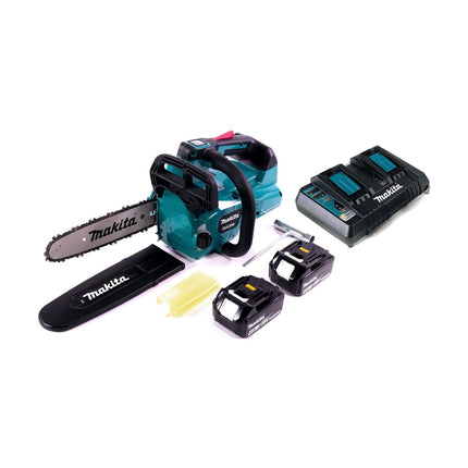 Makita DUC 256 PM Motosierra sin cable 36 V ( 2x 18 V ) Brushless 25 cm + 2x batería 4.0 Ah + cargador doble