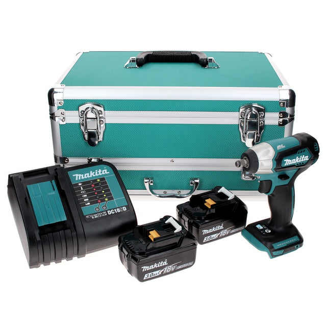 Makita DTW 180 SFTX Clé à chocs sans fil 18 V 180 Nm 3/8" sans balais + 2 batteries 3,0 Ah + chargeur + jeu de 70 forets + coffret en aluminium TX