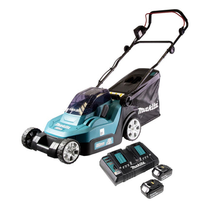 Tosaerba a batteria Makita DLM 432 PG2 36 V (2x 18 V) 43 cm senza spazzole + 2x batterie 6,0 Ah + doppio caricabatterie